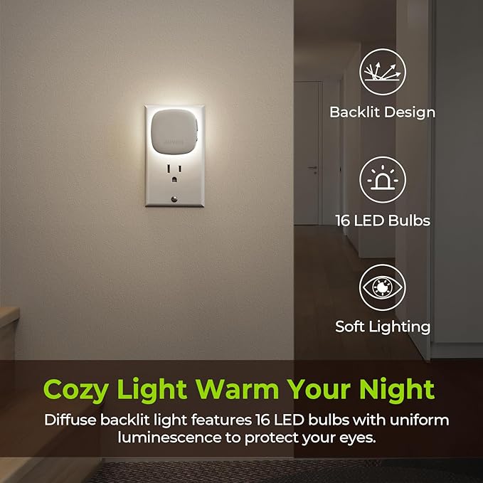 AUVON Plug-in LED Backlit Night Light with Motion Sensor & Dusk to Dawn Sensor, Dimmable Cool White Nightlight with 1-50 lm Adjustable Brightness for Bedroom, Bathroom, Stairs, Hallway (4 Pack) - Bloomnest