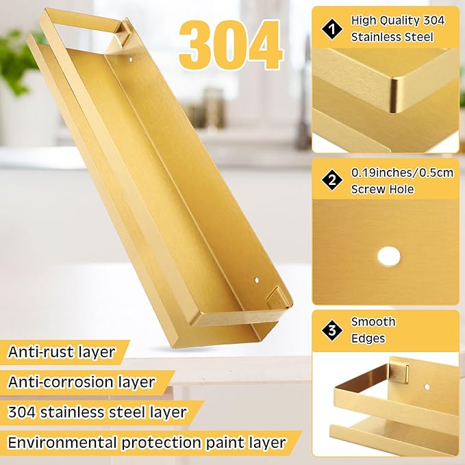 Lallisa 2 Pieces Stainless Steel Shelf Bathroom Shower Floating Shelves Wall Mounted Shower Caddy Basket Shelf Storage Organizer Shelves for Bathroom, Kitchen, Living Room (15.75 Inch/ 40 cm,Gold) - Bloomnest