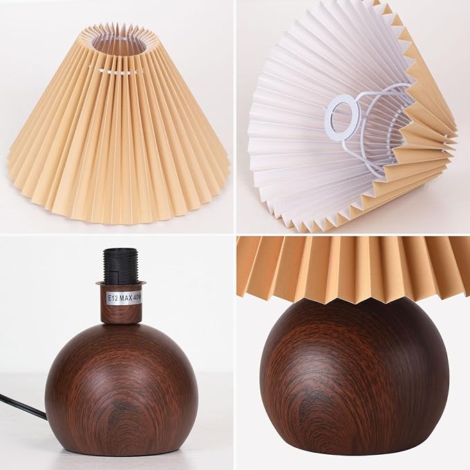 KUNJOULAM Retro Pleated Table Lamp, Modern Bedside Nightstand Lamp with Brown Shade, 5.9” Metal Base for Bedroom, Home Office, Living Room, Kids Dorm Without Bulb - Bloomnest
