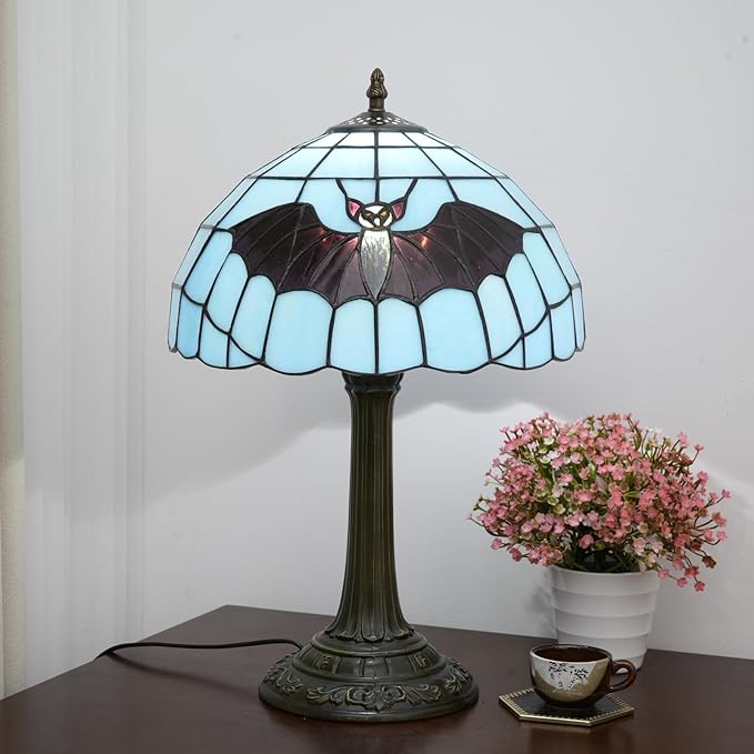 Tiffany Lamp Stained Glass Lamp 12 Inch Tiffany Style Blue Background With Black Bats Bedside Lamp Classical Art Decor Bedroom Living Room Dining Dormitory Table Vintage Home Decor The Ideal Gift - Bloomnest