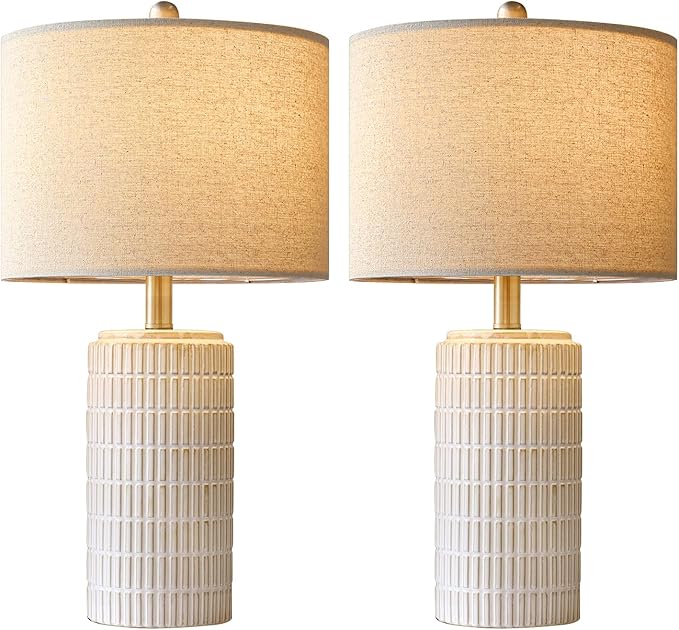 PoKat 24" Modern Ceramic Table Lamps Set of 2 for Bedroom, White Bedside Lamps for Night Stands, Farmhouse Desk Decor Nightstand Table Lamps for Living Room End Table Beige - Bloomnest