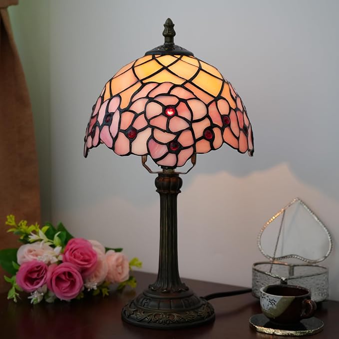 Tiffany Lamp Stained Glass Table Lamp 8X8X14 Inches Desk Reading Light Decor Beside Bedroom Living Room Home (H-1055- Cherry Blossom) - Bloomnest