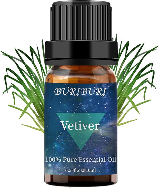 BURIBURI Vetiver Essential Oil Organic for Diffuser, Skin, Candle Soap Perfume Making - 100% Pure, Undiluted, Natural, Aromatherapy Vetiver Oils 10ML BURIBURI