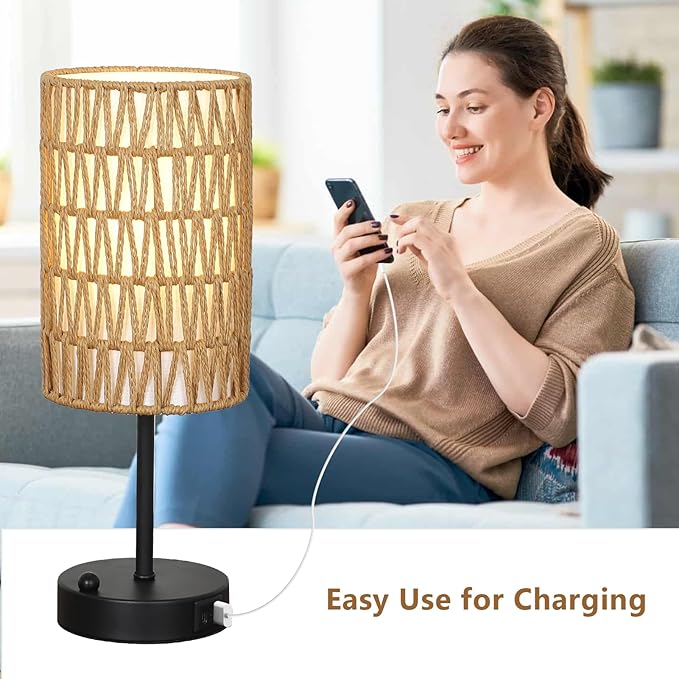 Touch Table Lamp Set of 2 For Bedroom with Bulb, Boho Small Desk Lamp For Living Room With Rattan & Linen Shade, 3 Way Dimmable Bedside Table Lamp For Nightstand With USB Charging Port & Phone Stand - Bloomnest