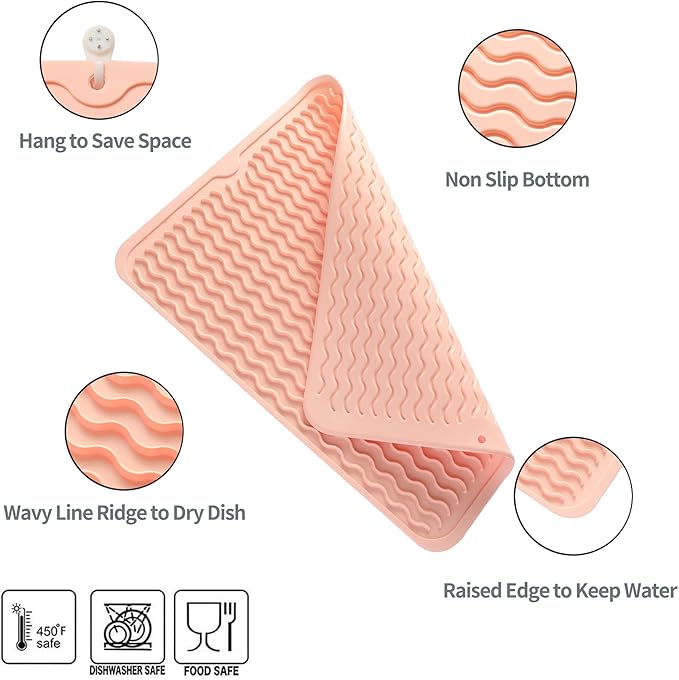 Silicone Dish Drying Mat for Multiple Usage,Easy clean,Eco-friendly,Heat-resistant Silicone Mat for Kitchen Counter or Sink,Refrigerator or drawer liner Pink L 16 inches x 12 inches - Bloomnest