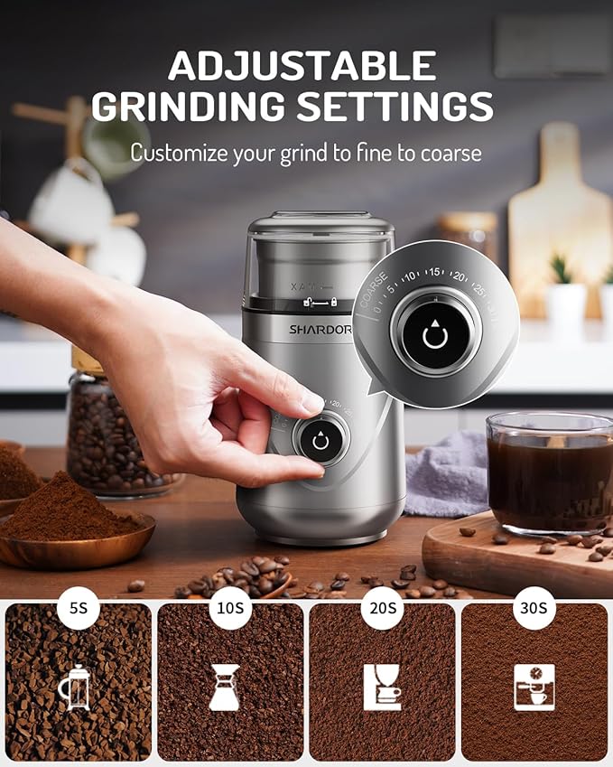 SHARDOR Electric Super Silent Blade Coffee Grinder, Timed Grind Control Rotary Knob, Adjustable Coarse to Fine for Coffee Beans, Spices & Herbs, with 2 Removable Stainless Steel Bowl, Silver - Bloomnest