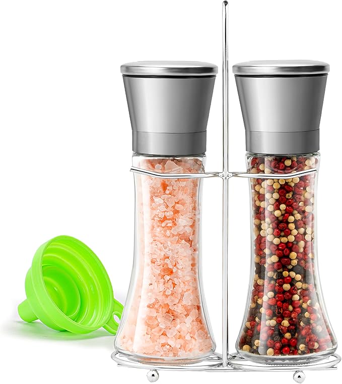 Salt and Pepper Grinder Set - Stainless Steel Refillable Salt & Peppercorn Shakers (2.6"W x 7.5"H - 2 Pack with Holder) - Bloomnest