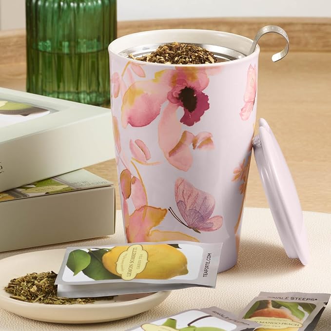 Tea Forte Double-Walled Ceramic Kati Cup, Removable Stainless Steel Infuser Basket and Lid, Steeps 12 oz Loose Leaf Tea, Dishwasher & Microwave Safe, Mariposa - Bloomnest