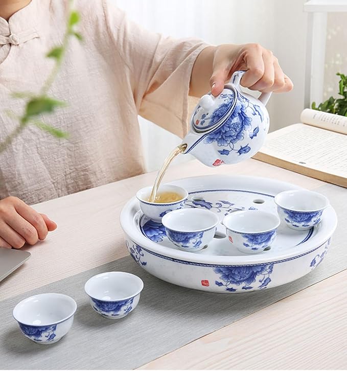 Small Teapot 9oz Blue and White Porcelain Tea Pot with Stainless Steel Infuser Classical Chinese Penoy Flower (Peony)