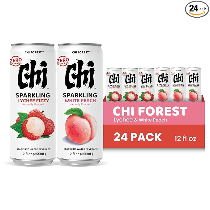 CHI FOREST Sparkling Water Beverage, Lychee & White Peach, 2 Flavors, Zero Sugar, 12 fl oz Cans (Pack of 24) - Bloomnest