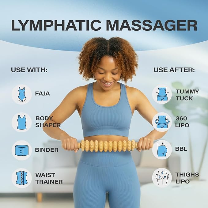 Wood Therapy Massage Tool | Lymphatic Drainage Massage Roller Stick | Leg, Back & Thigh Muscle Roller for Post Liposuction & Fibrosis Treatment | Surgery Recovery 360 Lipo| Tummy Tuck & BBL, Lipo Foam
