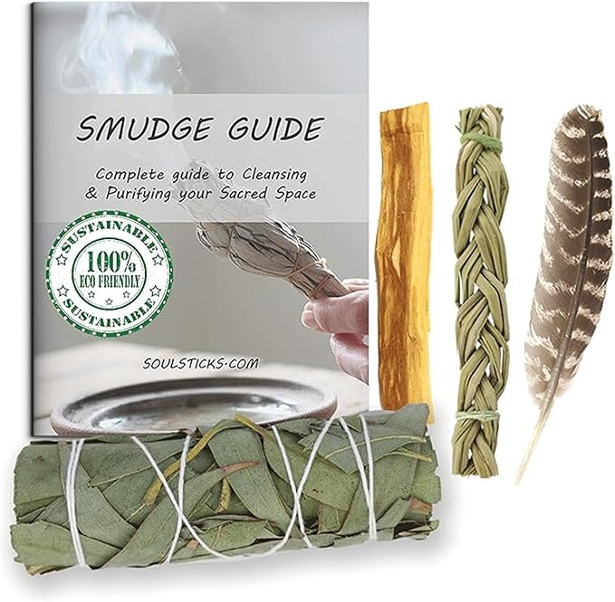 Ancient VEDA Organic Smudge Kit –Eucalyptus, Palo Santo, Sweetgrass Braid, Feather & Smudge Guide | Home Cleansing Kit for Meditation, Yoga, Energy Healing & Gift (Starter Kit, Eucalyptus Sage) AncientVeda