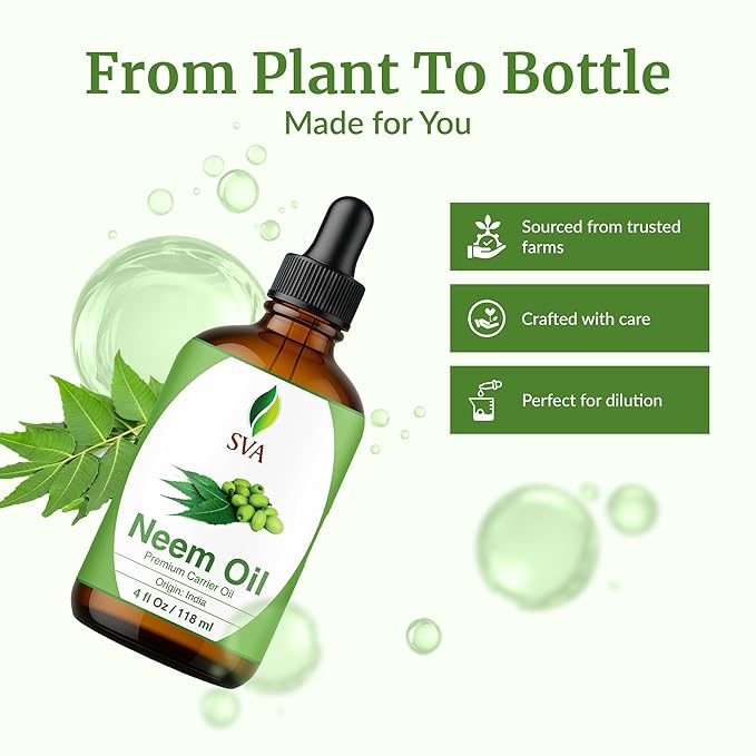 SVA Neem Seed Oil - 4 Fl Oz – 100% Natural Cold Pressed Neem Oil - for Face, Skin Care, Hair Care, Scalp Massage & Body Massage – Carrier Oil with Dropper - Bloomnest