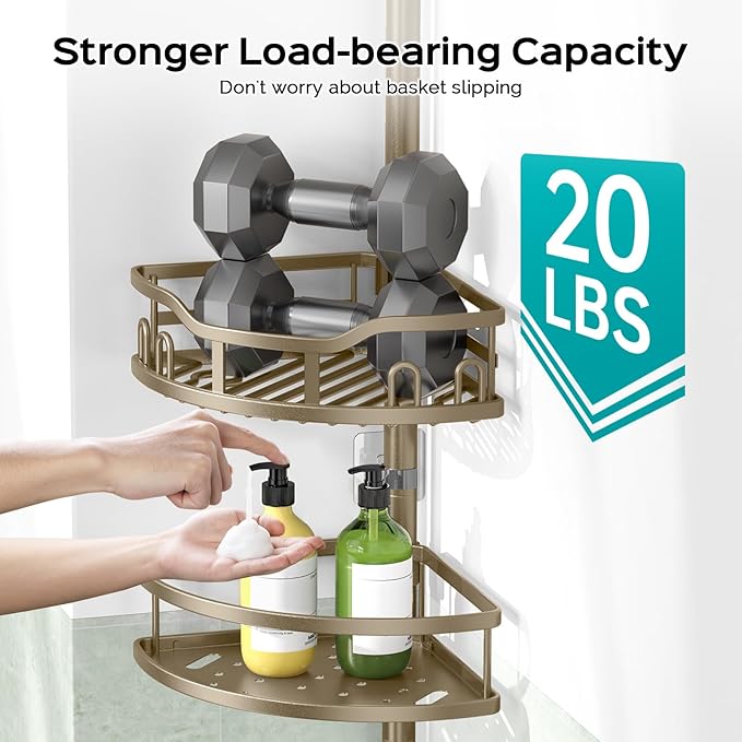 HAMITOR Corner Shower Caddy Tension Pole: Rustproof 4-Tier Bathroom Organizer Shelves for Bathtub Shampoo Storage - 47-121 Inch Quick Install Adjustable Rod Standing Rack with Soap Rack - Matte Gold - Bloomnest