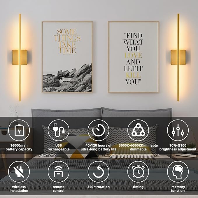 Battery Operated Wall Sconces set of 2, 16000mAh Brushed Gold Rechargeable Wall Sconce with Remote Control, 3000K-6000K Dimmable LED Wireless Wall Light for Living Room Hallway Bedroom Stairs 29 Inchs - Bloomnest