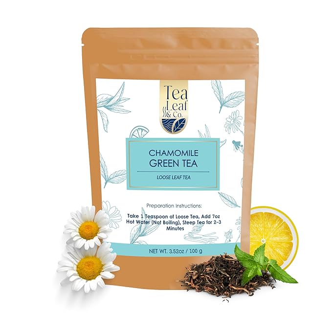 Tealeaf & Co. Chamomile Green Tea Loose Leaf with Lemon Extract and Lemongrass - Chamomile Tea - Contains Low Caffeine - Upto 50 Servings - Gluten Free (3.52oz/100gm) - Bloomnest