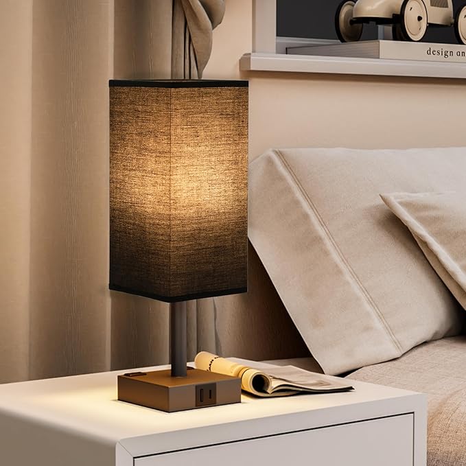 Touch Bedside Table Lamp for Nightstand - 3-Way Dimmable Night Lamp with USB A + Type C Charging Ports and Two AC Outlets, Small Desk Light with E26 LED Bulb for Bedroom Living Room Dorm Office,Black - Bloomnest