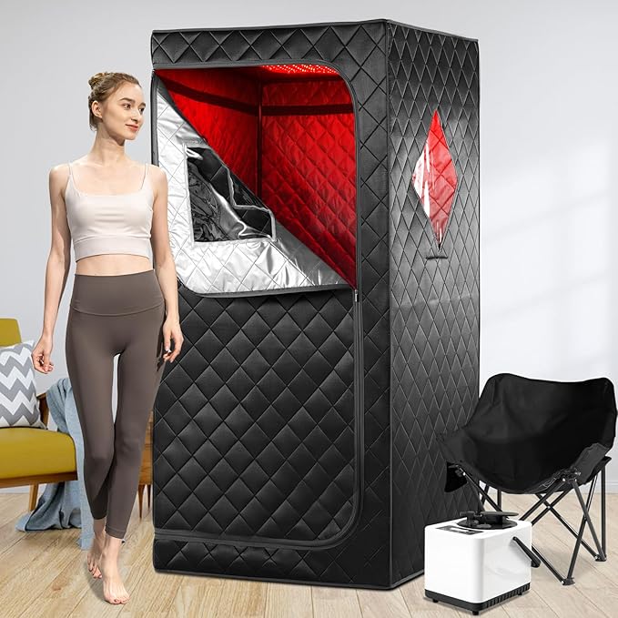Portable Steam Sauna for Home with 660nm Red Light Therapy, 1 Person Infrared Sauna, Full Body Sauna Tent for Relaxation,1 Person Red Light Infrared Sauna Box, 3L&1100W Sauna Steamer iDOTODO