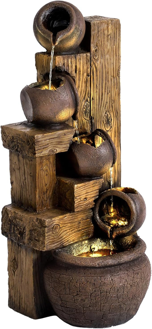Grepatio 39.3" Tall Outdoor Water Fountain Garden Waterfalls Fountain with LED Lights 5 Tier Modern Indoor/Outdoor Floor Standing Water Fountain with Pump for Garden, Patio, House Decor (Brown) - Bloomnest