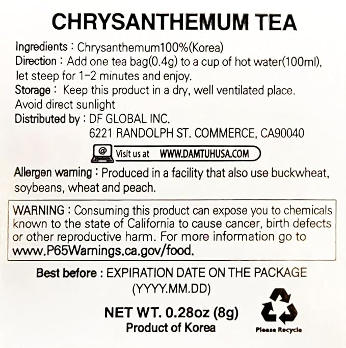 Damtuh Chrysanthemum Tea – Soothing Korean Herbal Flower Tea, Hot or Iced, Natural & Refreshing – 20 Tea Bags (0.4 g each) - Bloomnest