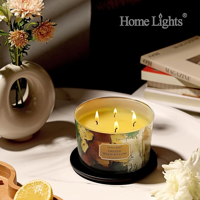 HomeLights 4-Wick Candles for Home Scented - 18oz Soy Wax Blend Candle Long-Lasting Fragrance, Industrial Chic Home Decor and Housewarming Gifts, Fireside Wood & Glow - Bloomnest