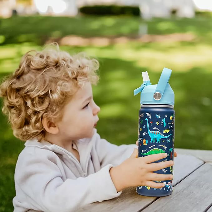 18oz Kids Insulated Water Bottle with Straw Lid - 18/8 Stainless Steel Kid Cup BPA-FREE Travel Tumbler Double Wall Vacuum Leak Proof Portable Toddler Water Bottle(Dinosaur) - Bloomnest