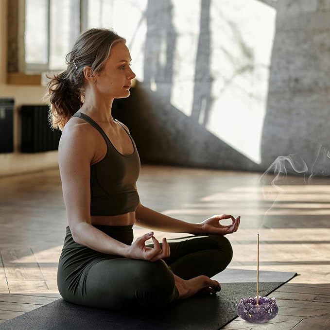 Crystal Lotus Incense Holder Set, Decorative Lotus Flower Decor Bowl 3.15x3.15x1.5 Inch, Incense Sticks Cones Holder with Ash Catcher (Purple)