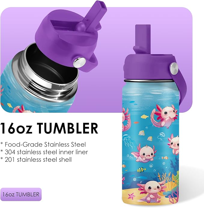 Axolotl Gifts for Girls 16 oz Kids Water Bottle with Straw Lid, Stainless Steel Insulated Tumbler, Leak Proof, BPA-Free,Adorable Ocean Animal Mug Cup for Sports,Travel Children Birthday Gifts (1pc) - Bloomnest