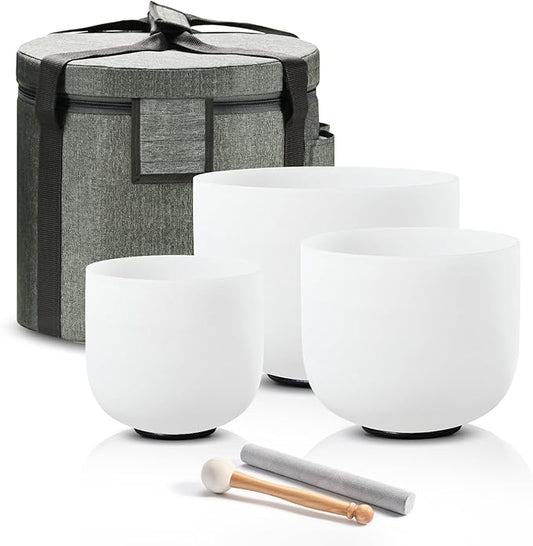 CVNC 432HZ 6"A Third-eye, 7"C Root, 8"F Heart Frosted Quartz Crystal Singing Bowl Chakra Set of 3 with Carry Case Bag for Sound Healing and Meditation - Bloomnest