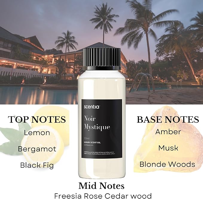 Scentia Noir Mystique – Hotel-Inspired Diffuser Oil, 120ml (0.67 fl oz) | Essential Oil Blend of Rose, Bergamot, Lemon & Musk | Luxury Aroma for Aromatherapy Diffusers & Humidifiers - Bloomnest