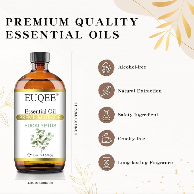 EUQEE Eucalyptus Essential Oil 118ml Pure Eucalyptus Oil with Glass Dropper for Aromatherapy, Diffuser, Soap & Candle Making - 4Fl.Oz - Bloomnest