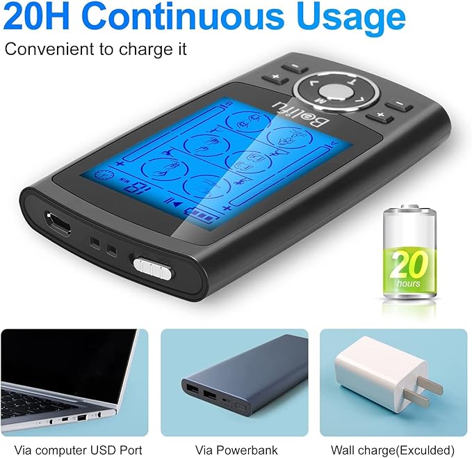 Belifu Dual Channel TENS EMS Unit 24 Modes Muscle Stimulator for Pain Relief Therapy, Electronic Pulse Massager Muscle Massager with 10 Pads, Dust-Proof Drawstring Storage Bag, Fastening Cable Ties Belifu