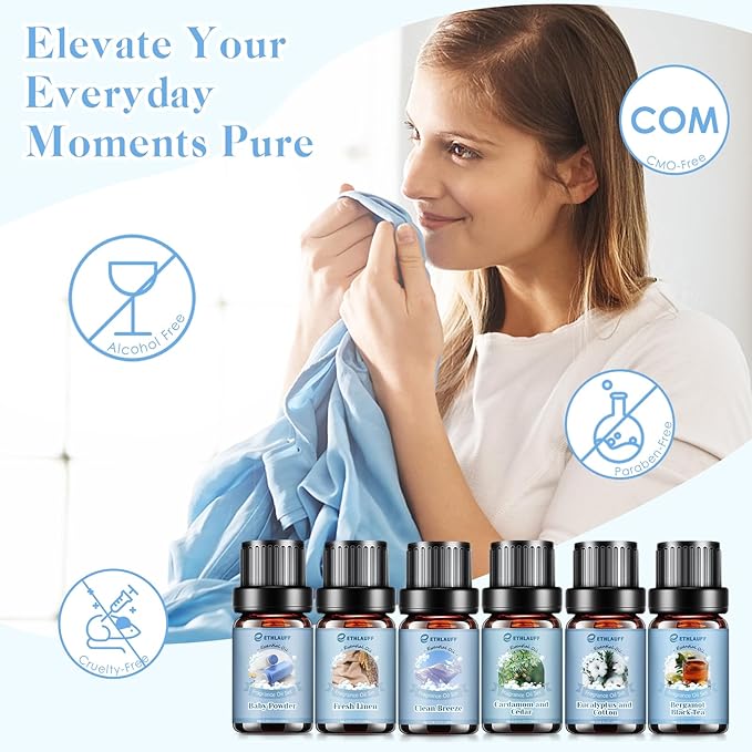 Clean Essential Oils Set, Laundry Collection Essential Oils Set, Pack of 6 Fragrance Oil for Diffuser for Home, Use with Wool Dryer Balls Scents - Fresh Linen, Clean Breeze, Eucalyptus and Cotton - Bloomnest