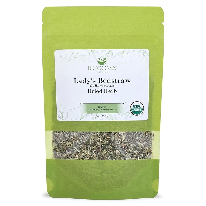 Biokoma Pure and Organic Lady's Bedstraw Dried Herb 50g (1.76oz) In Resealable Moisture Proof Pouch, USDA Certified Organic - Herbal Tea, No Additives, No Preservatives, No GMO, Kosher - Bloomnest
