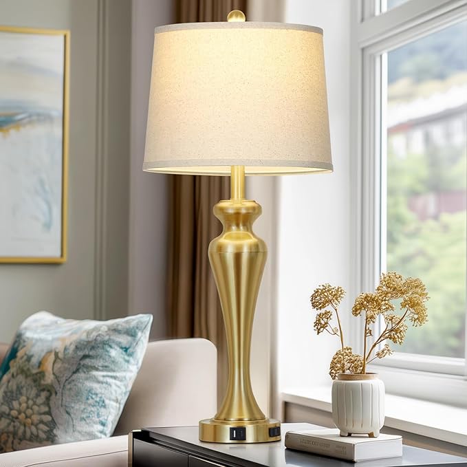 30" Gold Tall Table Lamps for Living Room, Touch Control Bedroom Lamp with USB A+C Ports and AC Outlet, 3-Way Dimmable Bedside Table Lamps Set of 2, Modern Metal Lamp for Nightstand - Bloomnest