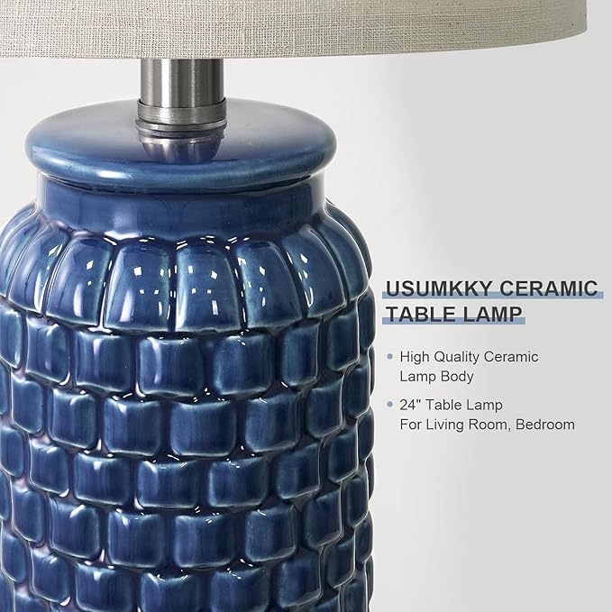 24 inches Modern Ceramic Dark Blue Bedside Lamp Set of 2 for Bedroom Decor Farmhouse Table Lamp for Living Room Office Dorm - Bloomnest