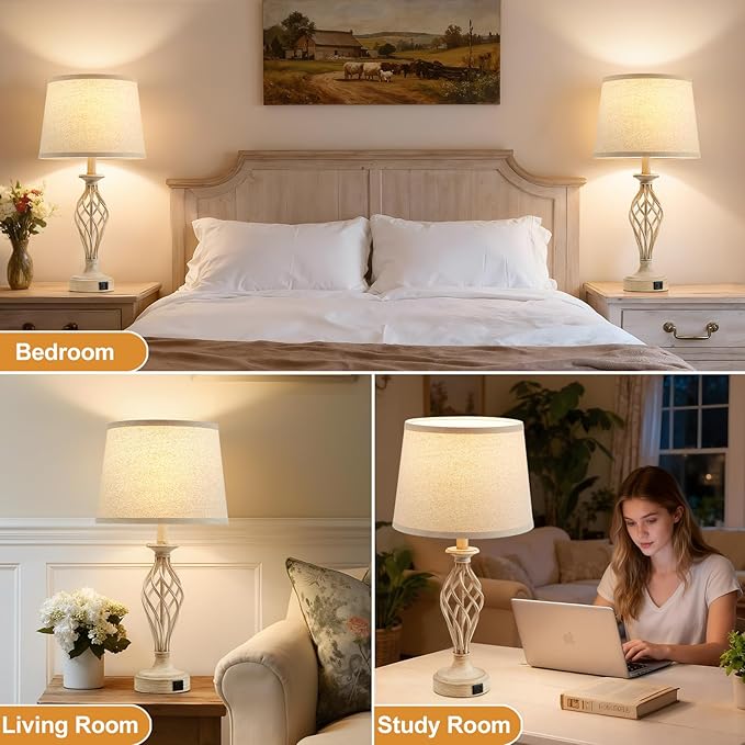 Bedside Table Lamp for Bedroom Set of 2 - Beige Nightstand Lamps with USB C+A Ports,Rustic Distressed Farmhouse Bedroom Lamp - Lamp for Living Room Reading Bed Side End Table Bulbs Included - Bloomnest