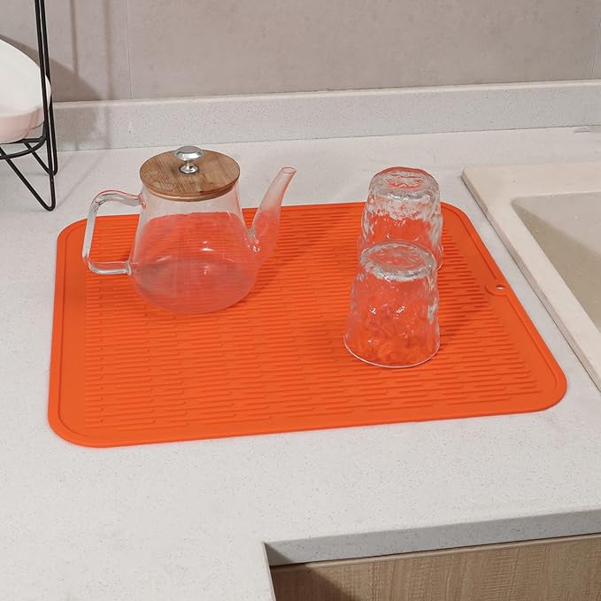 Silicone Dish Drying Mat for Multiple Usage,Easy clean,Eco-friendly,Heat-resistant Silicone Mat for Kitchen Counter or Sink,Refrigerator or Drawer Liner Orange 2XL 24 inches x 18 inches - Bloomnest