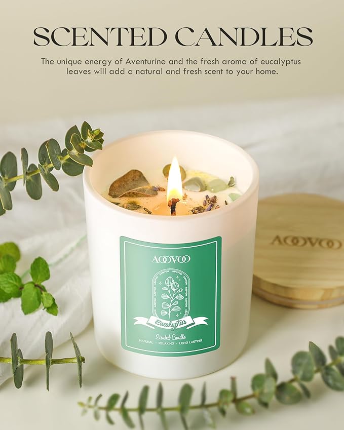 AOOVOO Eucalyptus Mint Scented Candles for Women - Aromatherapy Candle with Crystals Inside, 10oz Soy Candles for Home Scented, Birthday Gifts Christmas Candle for Women Mom - Bloomnest