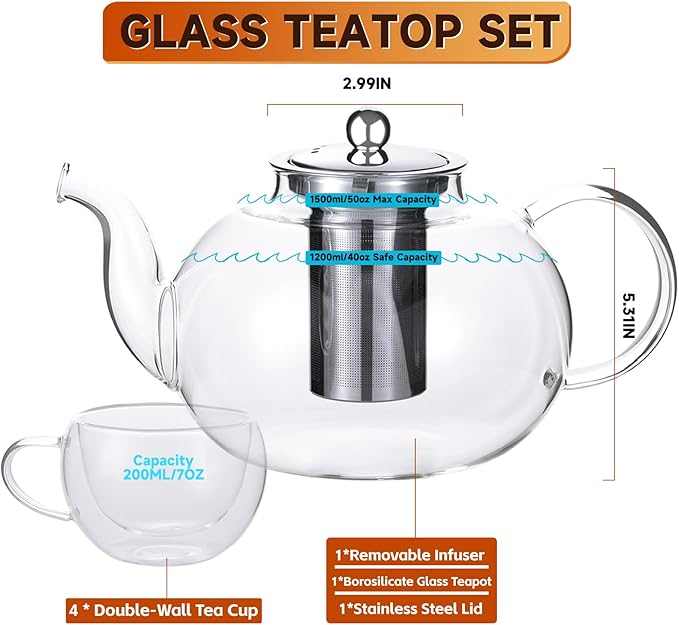 50OZ/1500ML Glass Teapot Set with 4 Double Wall Teacups & Removable Infuser, Stovetop & Microwave Safe Clear Tea Maker Water Kettle with 7OZ/200ML Tea Cups for Loose Leaf Blooming Tea - Bloomnest
