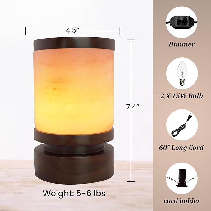 POHS Himalayan Pink Salt Round Lamp with Premium Brown Polished Wooden Base, 60'' Long Dimmer Switch Cord and Two Light Bulbs; Hand Crafted,for Home, Office and Gift for Christmas