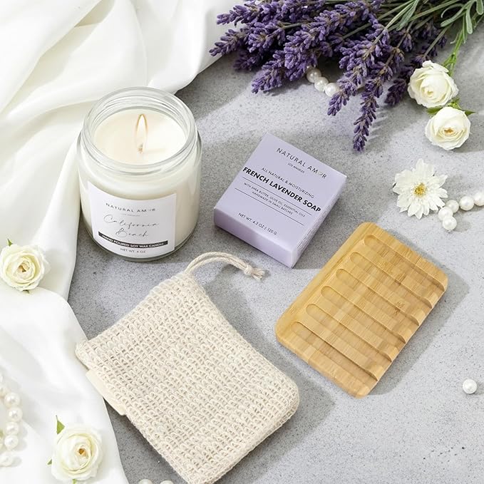 Natural Amor 8-Piece Spa Gift Set with Blanket – Self-Care Box with Lavender Body Butter, Soap, Candle – Blanket with Grey Ribbon Gift for Women, Birthday, Holiday - Bloomnest