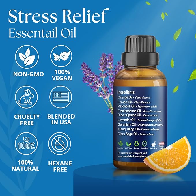 Stress Relief Essential Oil Blend 30 ml - Stress Relief & Calm Essential Oil for Diffusers & Aromatherapy - Promotes Relaxation & Rest - Nexon Botanics - Bloomnest