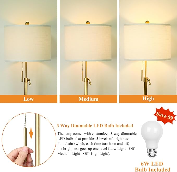 【Upgrade】 Gold Floor Lamps for Living Room, 55"-67" Height Adjustable Modern Standing Lamp with Marble Base, Pull Chain Switch, 3-Way Dimmable Tall Pole Lamp for Bedroom Office Reading, Bulb Included - Bloomnest