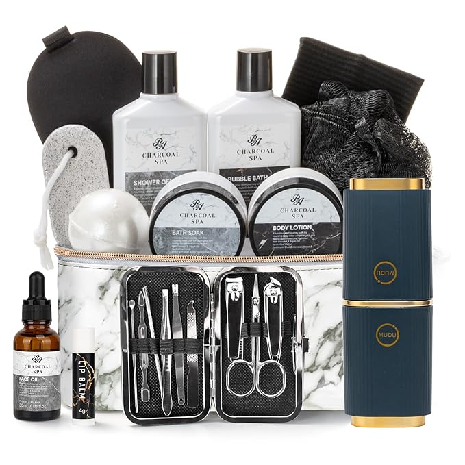 Valentines Day Gifts for Men & Women, 23pcs Bath and Body Gift Basket, Charcoal Luxury Home Spa Kit, Leather Bag, Face Oil, Birthday, Self Care Kit, Christmas, Holiday, Father's Day, Mother Day - Bloomnest