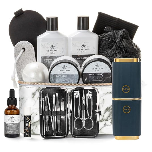 Valentines Day Gifts for Men & Women, 23pcs Bath and Body Gift Basket, Charcoal Luxury Home Spa Kit, Leather Bag, Face Oil, Birthday, Self Care Kit, Christmas, Holiday, Father's Day, Mother Day - Bloomnest