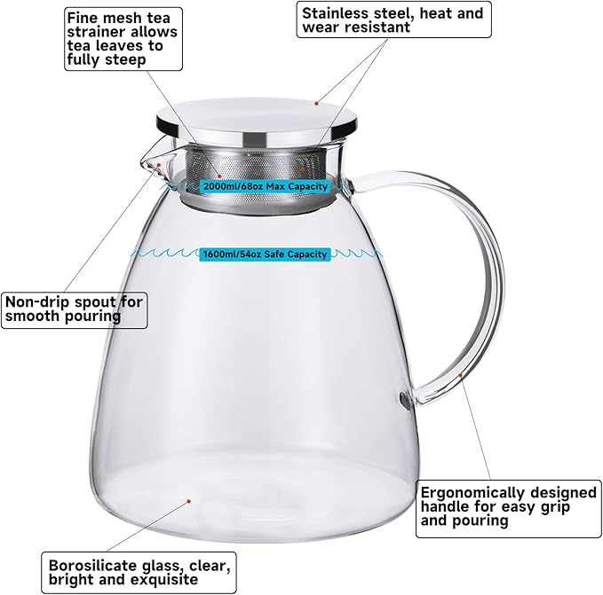 68OZ/2000ML One Touch Glass Teapot with Stainless Steel Filter Lid, Stovetop & Microwave Safe Tea Maker Water Kettle, Strainer & Cover 2 in 1 Loose Leaf Tea Steeper Pot Coffee Carafe - Bloomnest