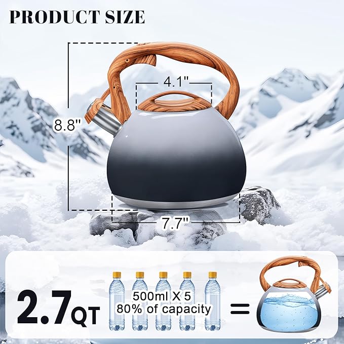 GGC Tea Kettle for Stove Top, 3.1QT/3L Whistling Tea Kettles for Boiling Water Coffee or Milk, Grey&Black Gradient kettle Pot with Wood Parttern Handle, Stainless Steel Pot for Home and Kitchen - Bloomnest