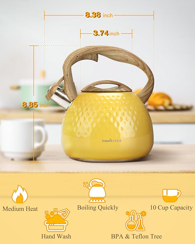 Tea Kettle, Stovetop Teapot, 2.5 Quart, Loud Whistle, Food Grade Stainless Steel and Smooth Wood Pattern Handle, Sophisticated Look for Hiking, Picnic, for Tea, Coffee, (Yellow) - Bloomnest