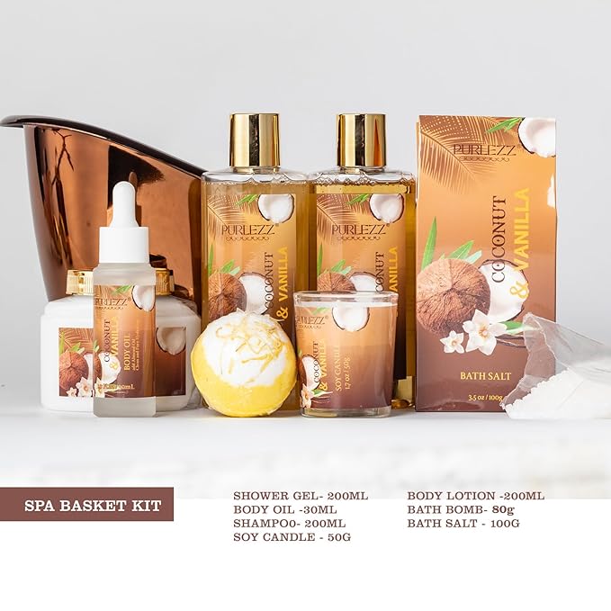 Spa Gift Basket for Women, Coconut & Vanilla Luxury Home Spa Kit, 8pcs Bath Gift Set, Birthday Gift for Women Unique with Bath Bombs, Scented Candle, Body Lotion, Spa Bath Sets for men Gift - Bloomnest